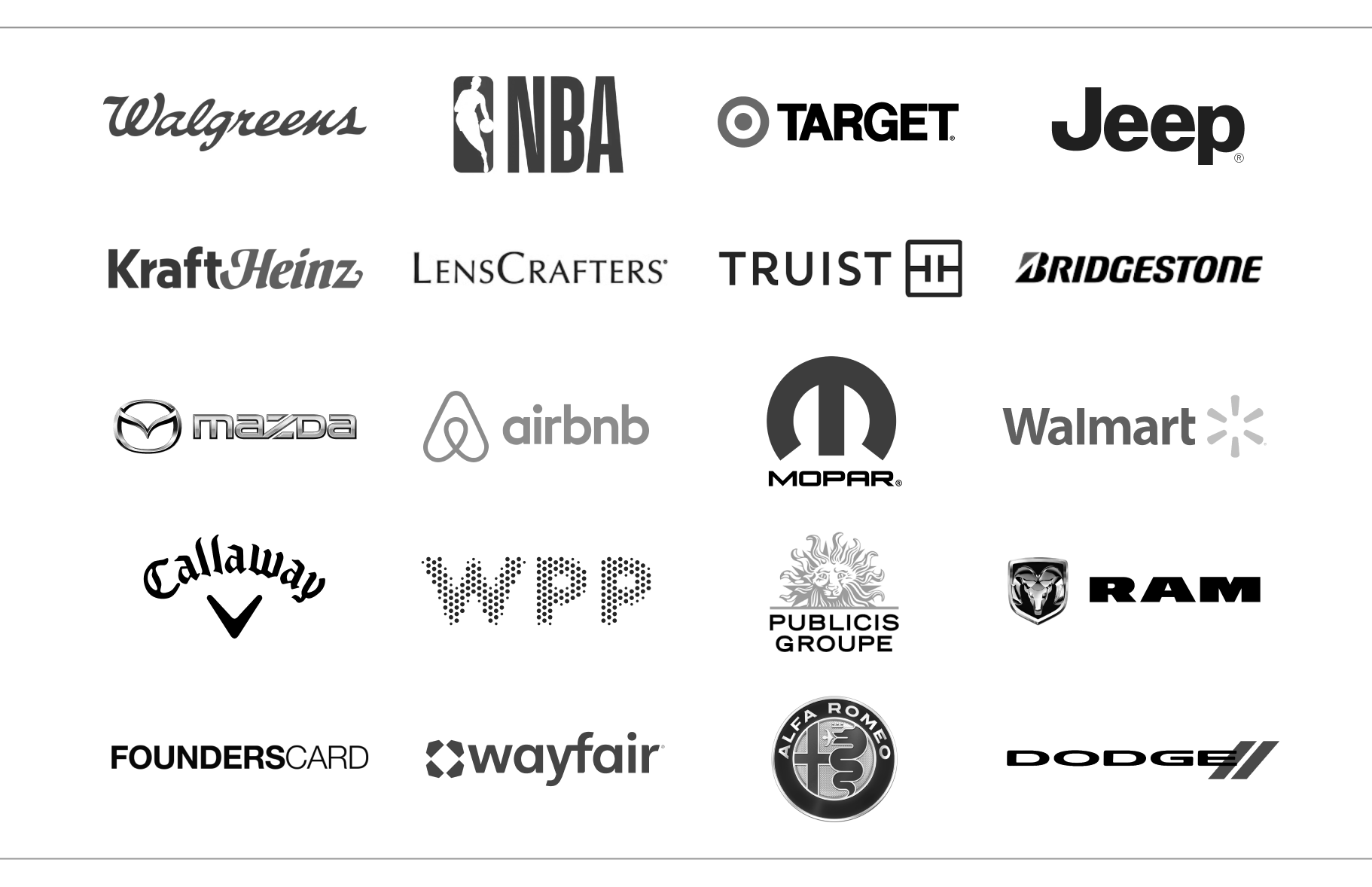 Selected CSS Studios clients including Walgreens, NBA, Target, Jeep, Kraft Heinz, LensCrafters, Truist, Bridgestone, Mazda, Airbnb, Mopar, Walmart, Callaway, WPP, Publicis Groupe, Ram, FoundersCard, Wayfair, Alfa Romeo, and Dodge