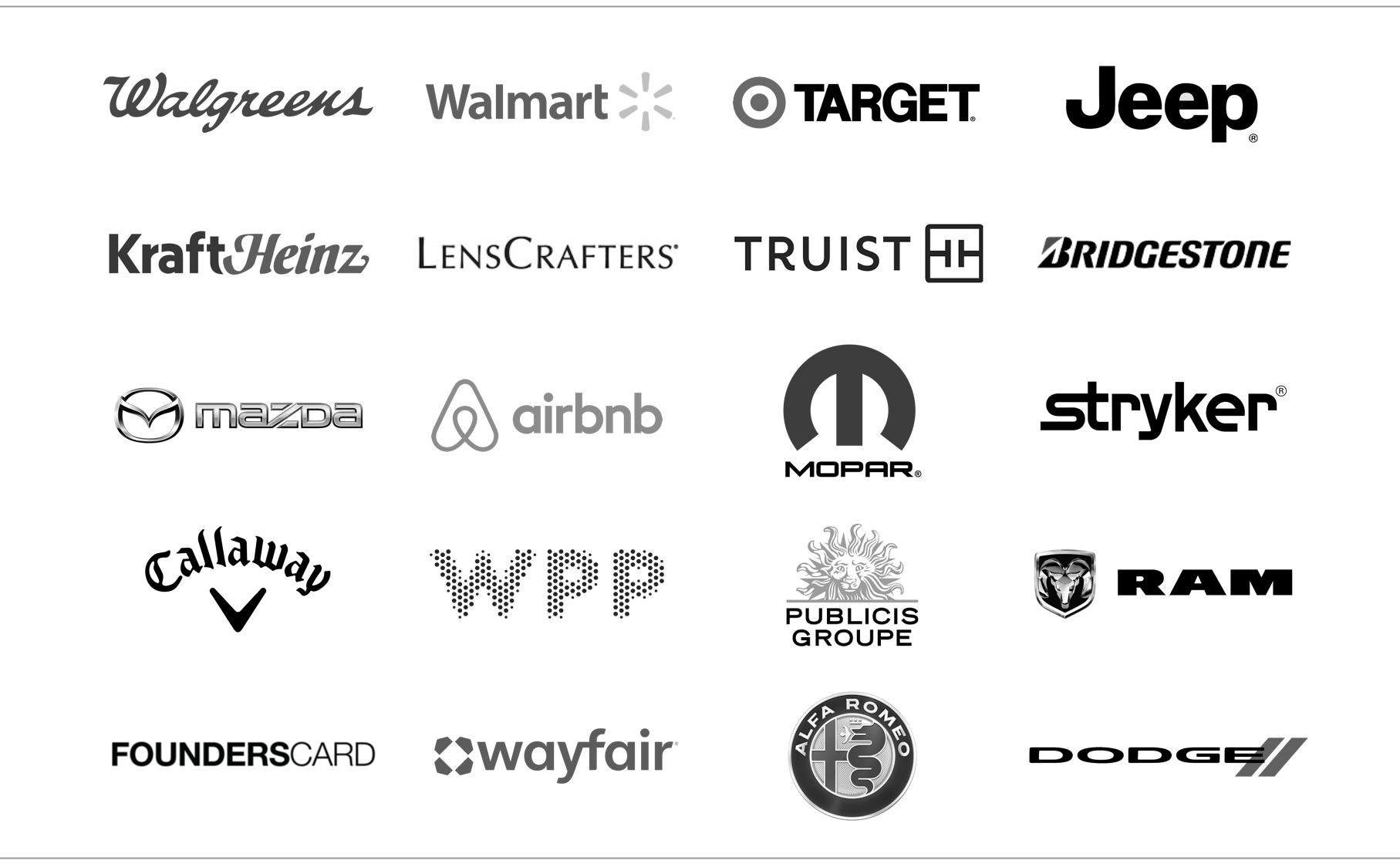 Selected CSS Studios clients including Walgreens, Walmart, Target, Jeep, Kraft Heinz, LensCrafters, Truist, Bridgestone, Mazda, Airbnb, Mopar, Stryker, Callaway, WPP, Publicis Groupe, Ram, FoundersCard, Wayfair, Alfa Romeo, and Dodge